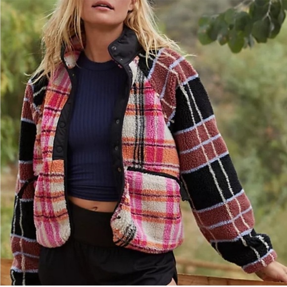 Free People Movement Sherpa Jacket Rocky Ridge Snap Down in Autumn Combo Plaid - Picture 1 of 7